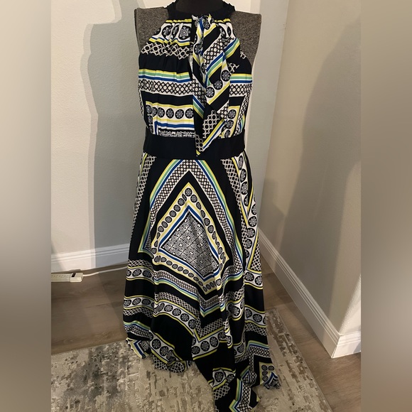 Eliza J NWOT blue and yellow handkerchief halter dress - Picture 2 of 6